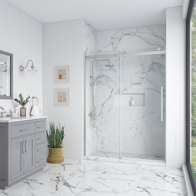 Bel Satin Nickel Frameless Sliding Shower Door with Clear Glass