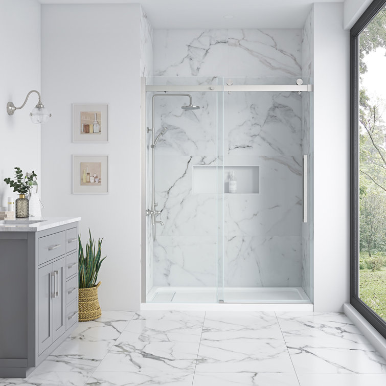 Bel Satin Nickel Frameless Sliding Shower Door with Clear Glass