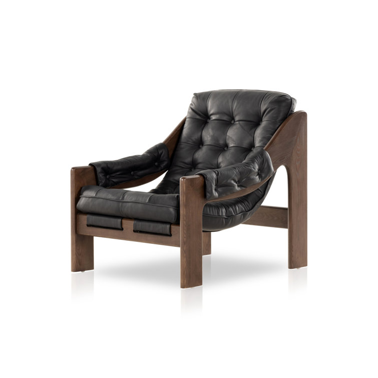 Heirloom Black Leather and Wood Handcrafted Accent Chair
