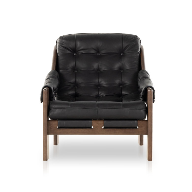 Heirloom Black Leather and Wood Handcrafted Accent Chair