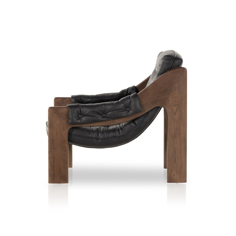 Heirloom Black Leather and Wood Handcrafted Accent Chair