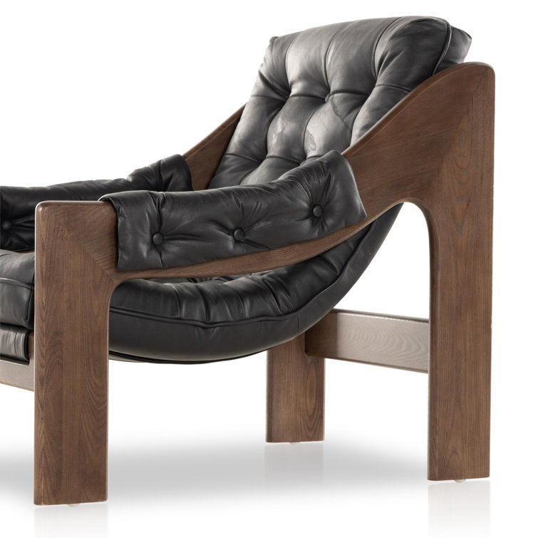 Heirloom Black Leather and Wood Handcrafted Accent Chair