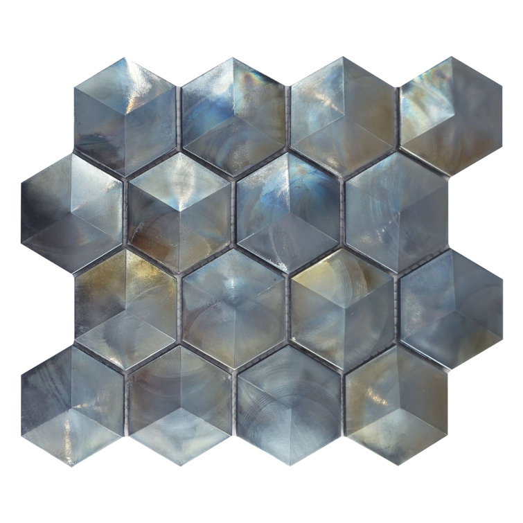 Aurora Glossy Gray Glass Hexagonal Mosaic Tile Sheet