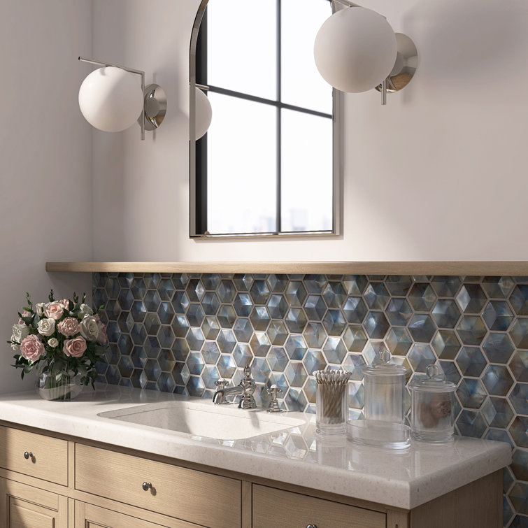 Aurora Glossy Gray Glass Hexagonal Mosaic Tile Sheet