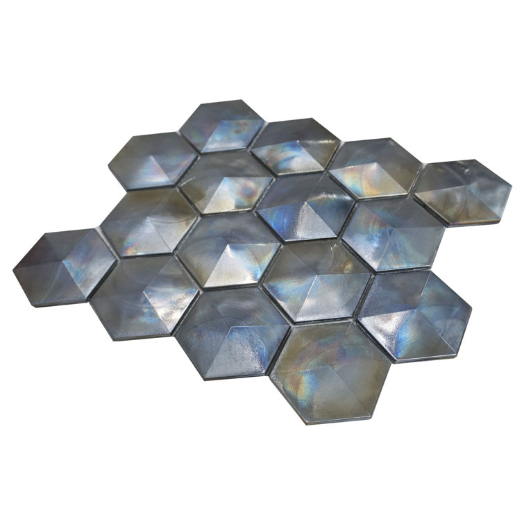 Aurora Glossy Gray Glass Hexagonal Mosaic Tile Sheet