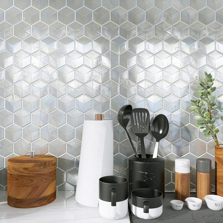 Aurora Glossy White Glass Hexagonal Mosaic Tile 10x12