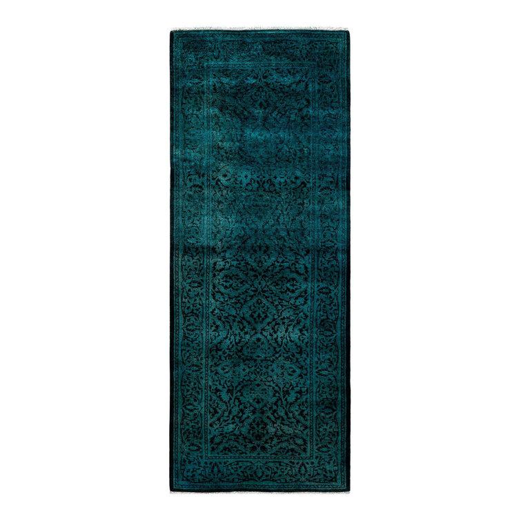Hand-Knotted Black and Teal Wool Runner Rug 2'6" x 6'7"