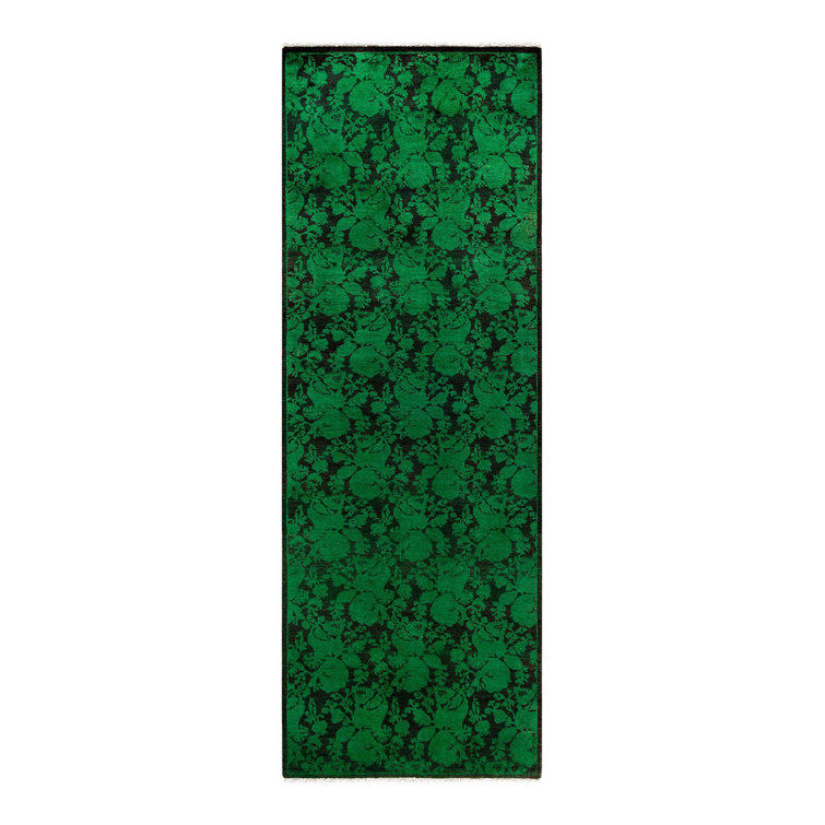 Hand-Knotted Green Wool Floral Motif Runner Area Rug