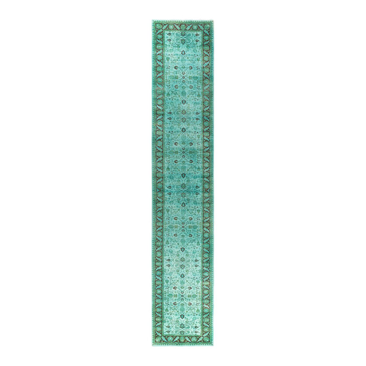 Hand-Knotted Blue and Green Wool Runner Rug 2'8" x 14'4"