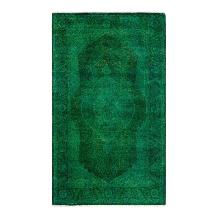 Hand-Knotted Green and Gray Wool Rectangular Area Rug