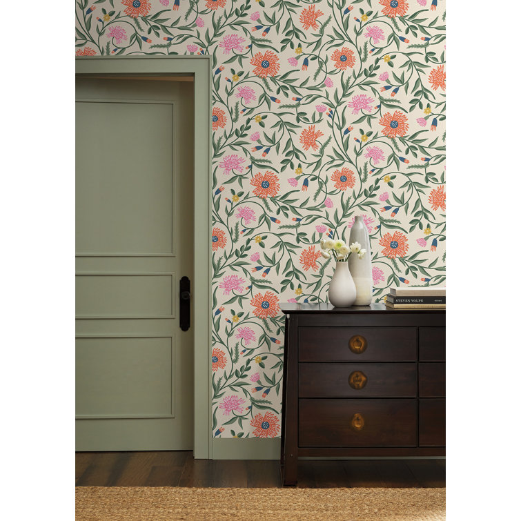 Coral Floral Non-Pasted Washable Wallpaper with Metallic Accents