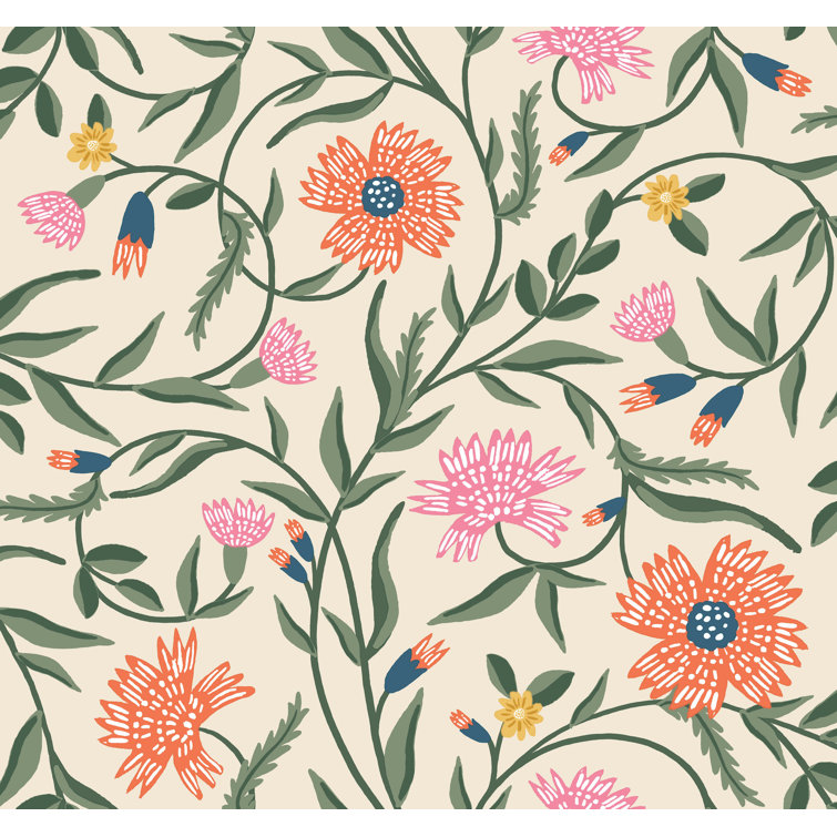 Coral Floral Non-Pasted Washable Wallpaper with Metallic Accents
