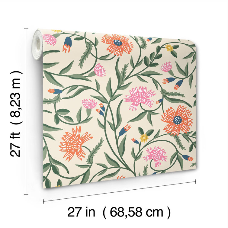 Coral Floral Non-Pasted Washable Wallpaper with Metallic Accents