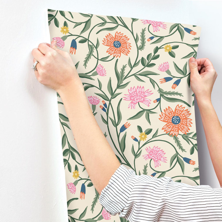 Coral Floral Non-Pasted Washable Wallpaper with Metallic Accents