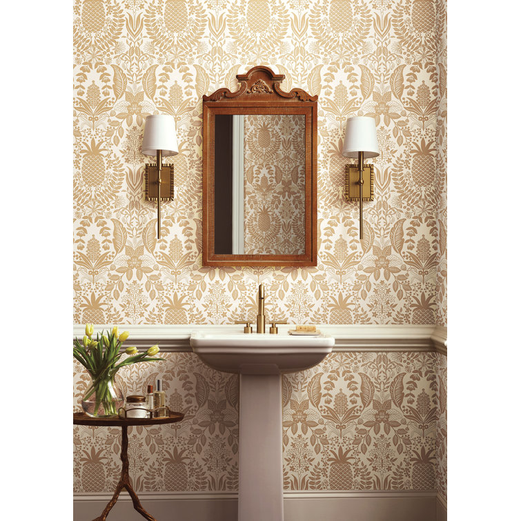 Gold and White Non-Pasted Washable Damask Wallpaper