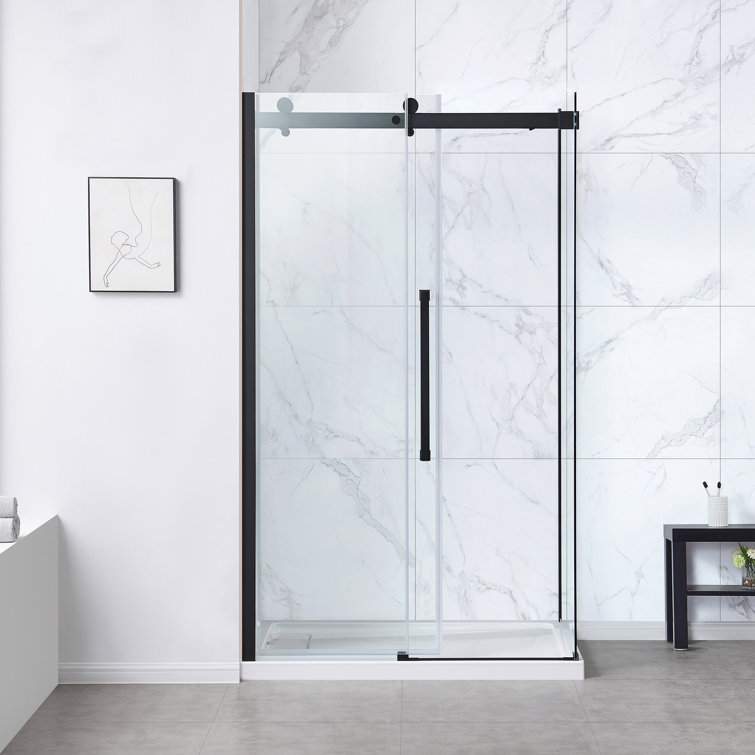 Matte Black Frameless Glass Corner Shower Kit with Soft-Close Door
