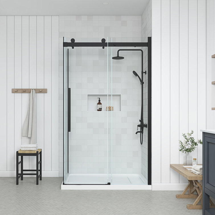 Matte Black Frameless Glass Corner Shower Kit with Soft-Close Door