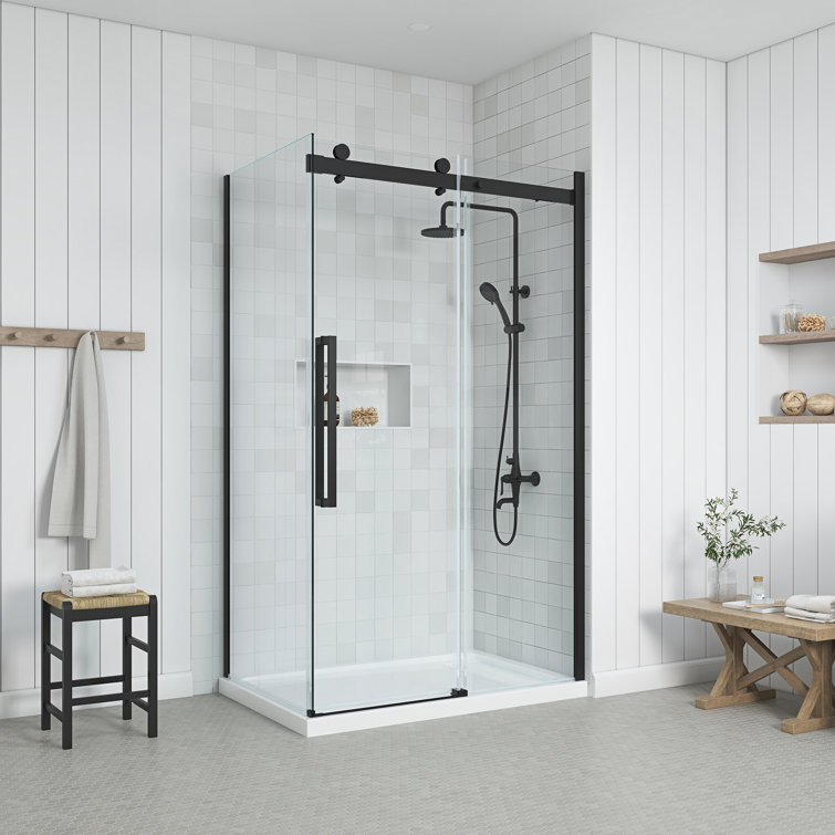 Matte Black Frameless Glass Corner Shower Kit with Soft-Close Door