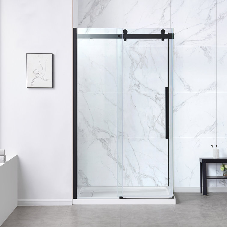 Matte Black Frameless Glass Corner Shower Kit with Soft-Close Door