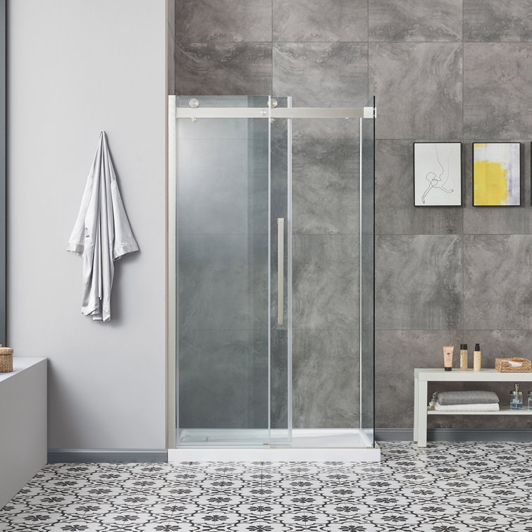 Satin Nickel 48" Frameless Sliding Soft Close Shower Kit with Clear Tempered Glass
