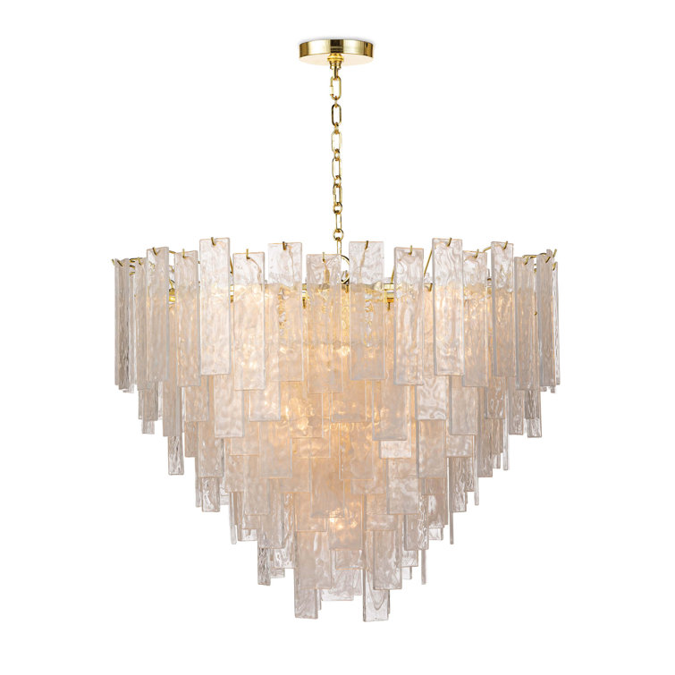 Large Clear Glass and Brass Cascading Chandelier
