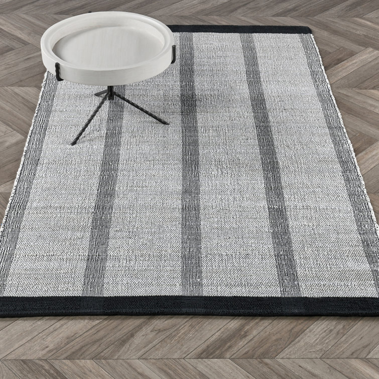 Handmade Black and Ivory Wool Striped Rectangular Rug 5' x 8'