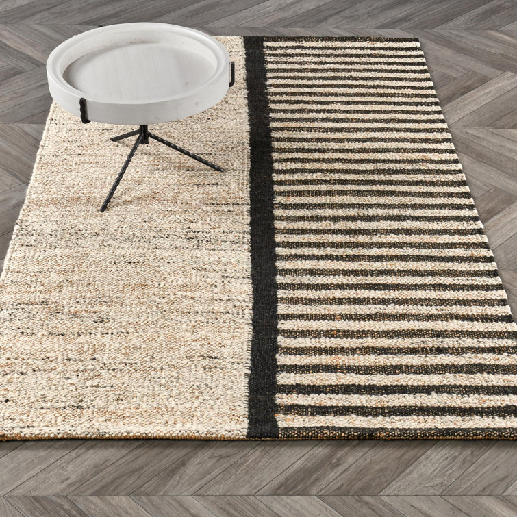 Handmade Black and Natural Wool Striped 8' x 10' Rug