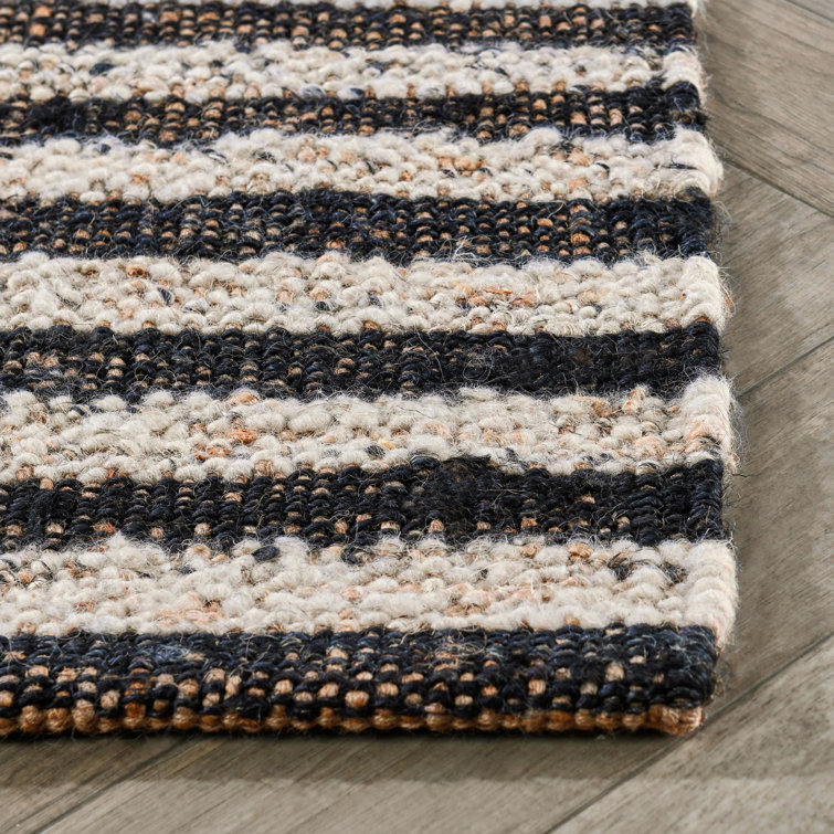 Handmade Black and Natural Wool Striped 8' x 10' Rug