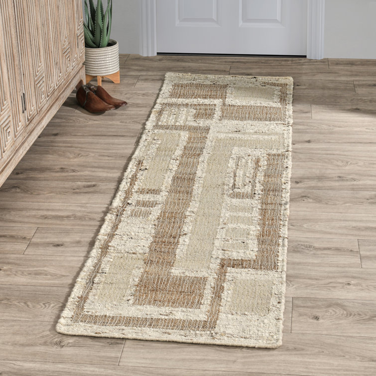Ivory and Beige Handwoven Wool and Cotton Runner Rug