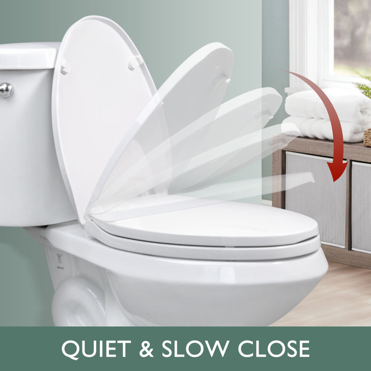 White Elongated Plastic Toilet Seat with Chrome Hinges
