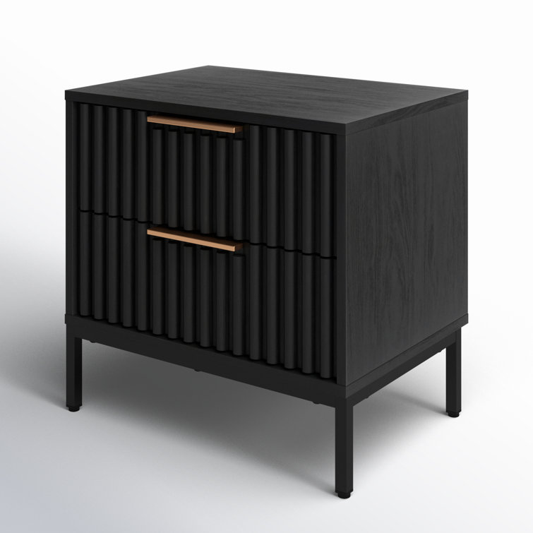 Black Veneer 2-Drawer Nightstand with Gold Handles