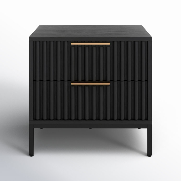 Black Veneer 2-Drawer Nightstand with Gold Handles