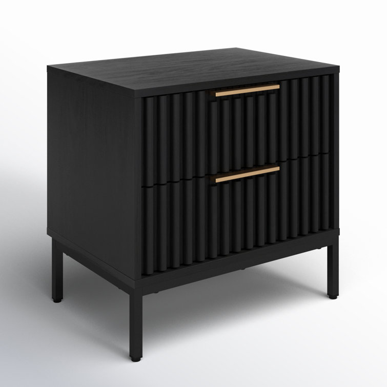 Black Veneer 2-Drawer Nightstand with Gold Handles