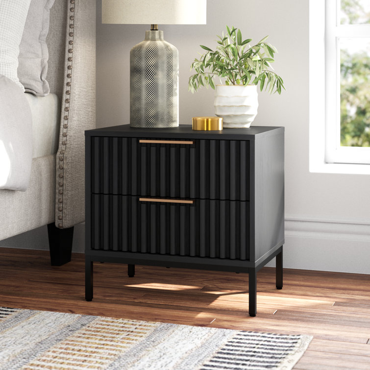 Black Veneer 2-Drawer Nightstand with Gold Handles