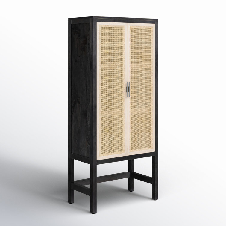 Natural Mango Solid Wood Storage Cabinet with Woven Cane Doors
