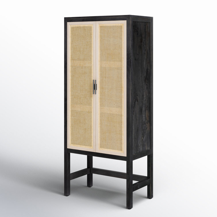 Natural Mango Solid Wood Storage Cabinet with Woven Cane Doors