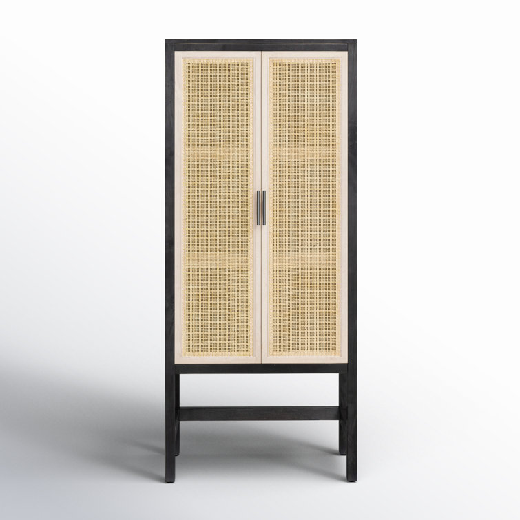 Natural Mango Solid Wood Storage Cabinet with Woven Cane Doors
