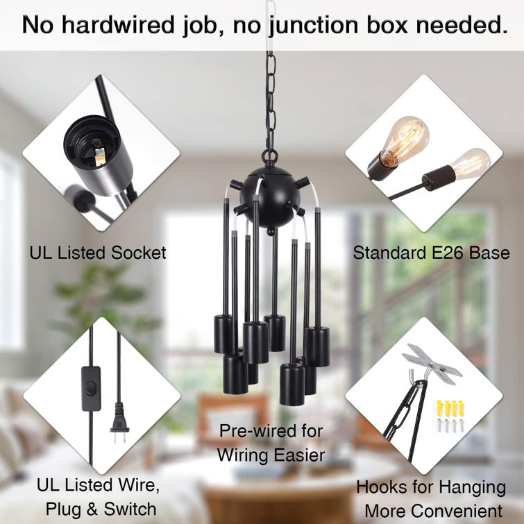 Black 8-Light Sputnik Plug-In Chandelier with Adjustable Chain