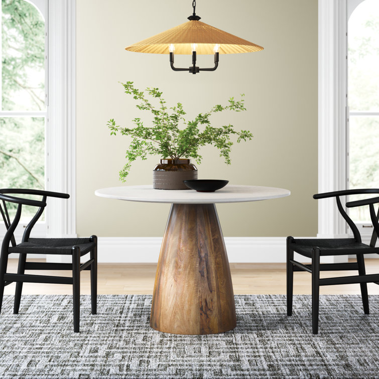 Mellonia Round White Marble Dining Table with Solid Wood Base