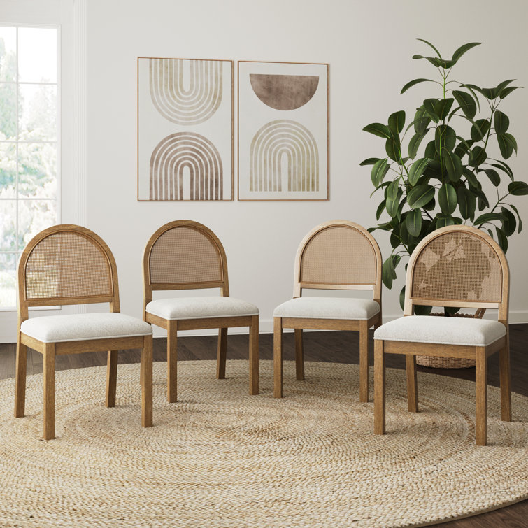 Bailey Cream Boucle and Cane Side Chair Set with Light Brown Wood Frame