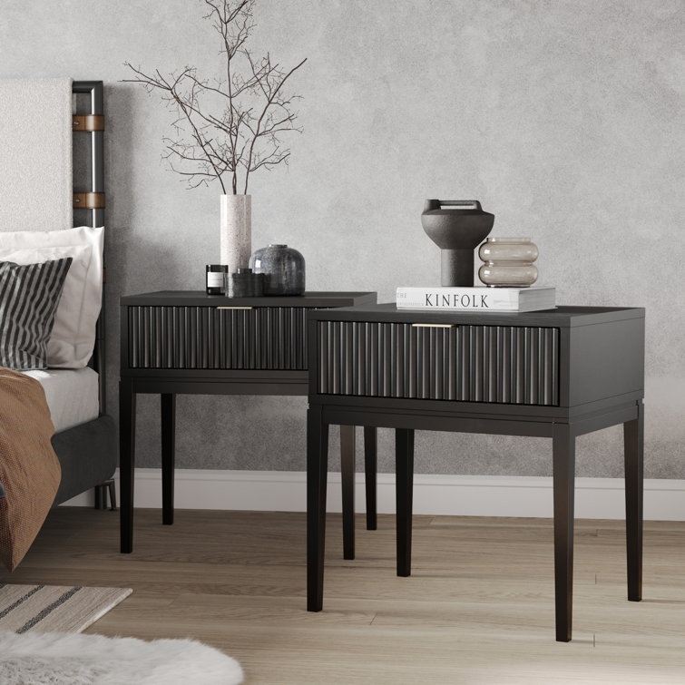 Jasper Black Wood Fluted 2-Drawer Nightstand Set