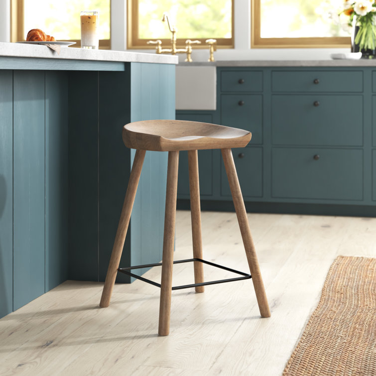Natural Matte Rubberwood Backless Counter Stool with Metal Footrest