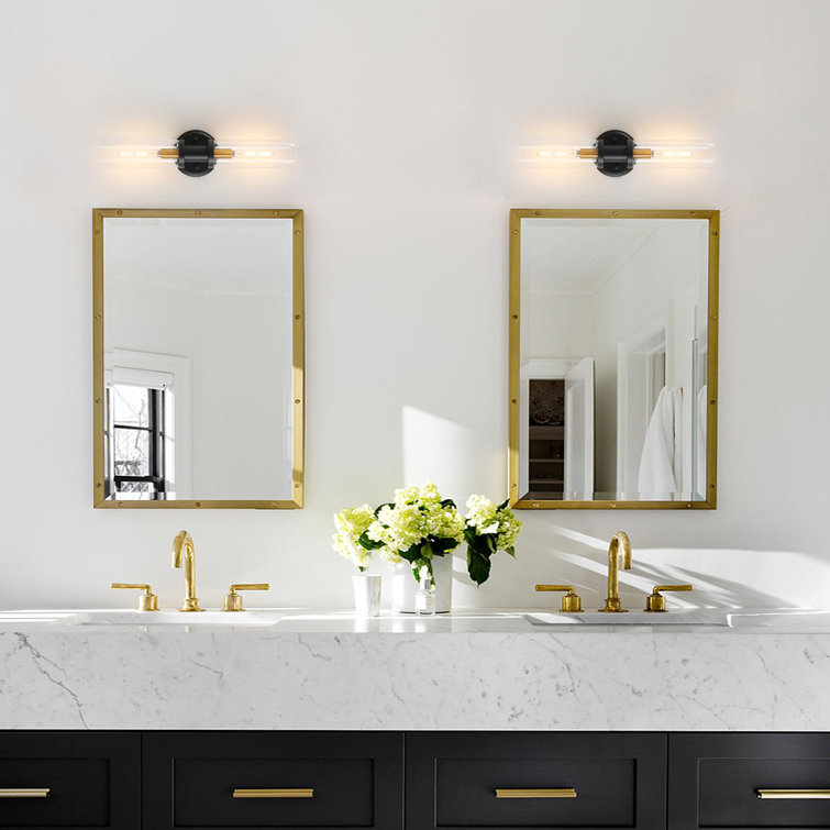 Black and Brass Gold LED Wall Sconce with Clear Glass Shade