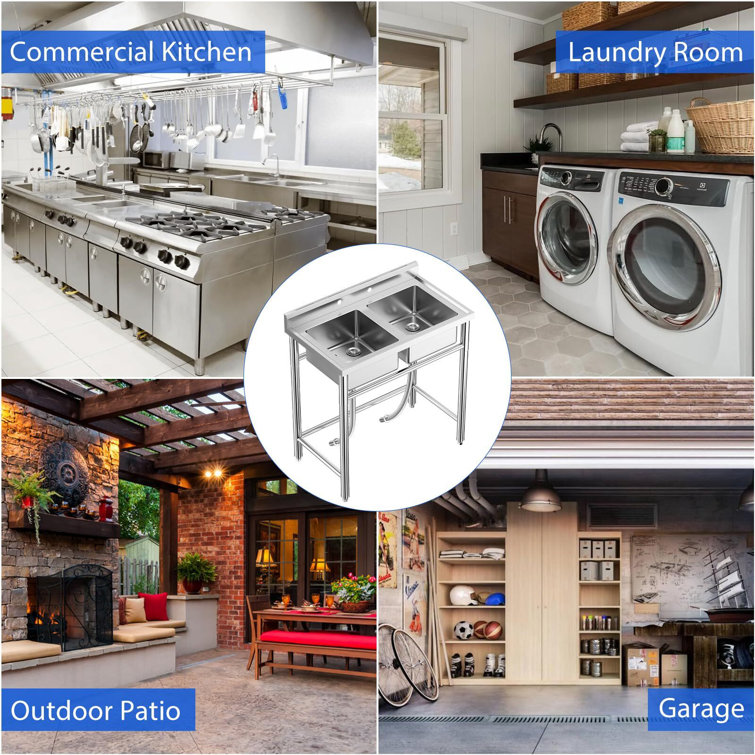 36" Stainless Steel Freestanding Double Bowl Utility Sink