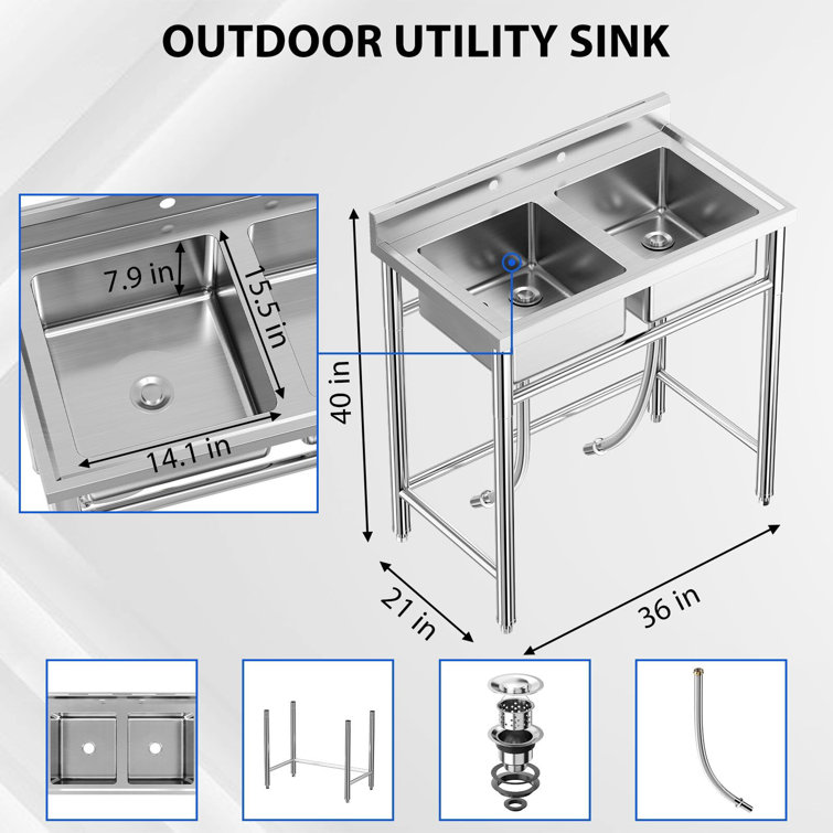 36" Stainless Steel Freestanding Double Bowl Utility Sink