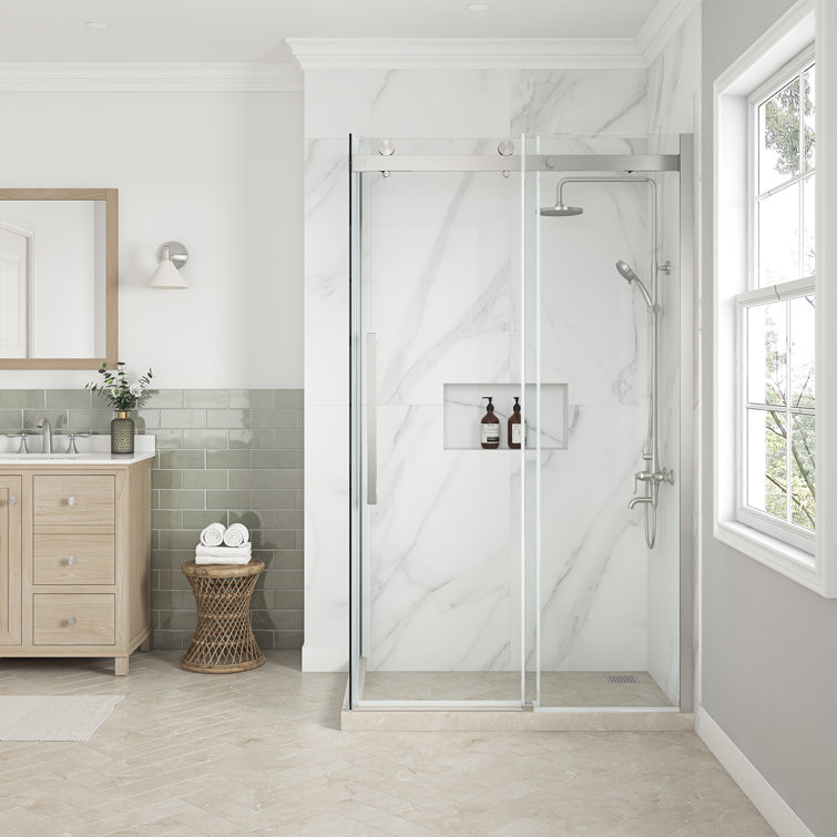 Satin Nickel 48" Frameless Sliding Soft Close Shower Kit with Clear Tempered Glass