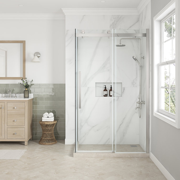 Satin Nickel 48" Frameless Sliding Soft Close Shower Kit with Clear Tempered Glass