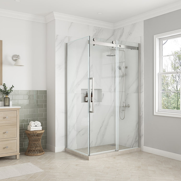 Satin Nickel 48" Frameless Sliding Soft Close Shower Kit with Clear Tempered Glass