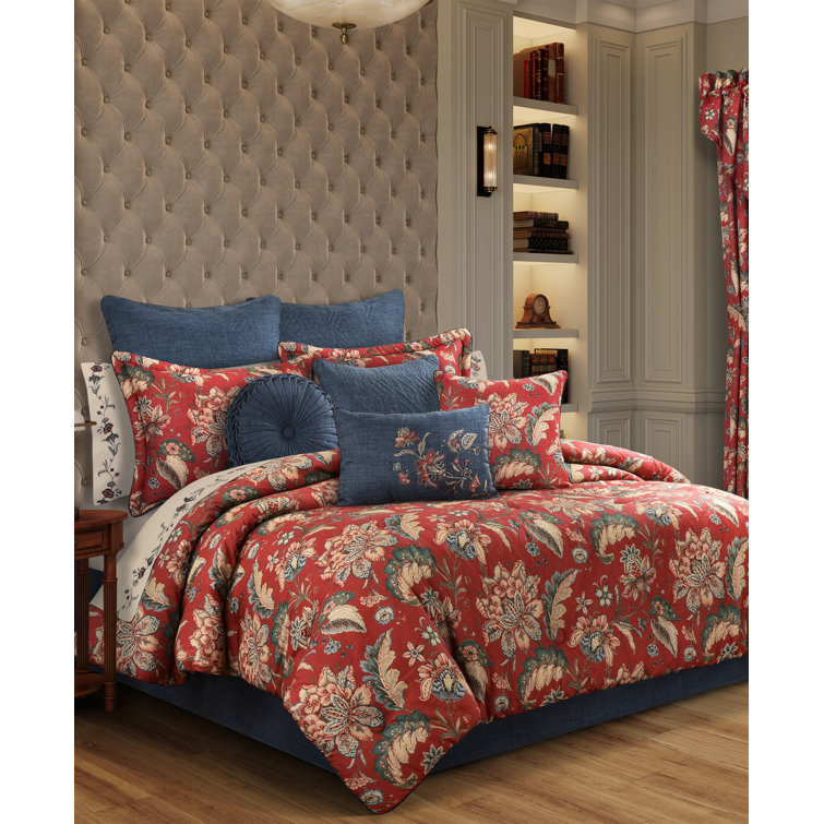 California King Red Floral Jacobean Comforter Set