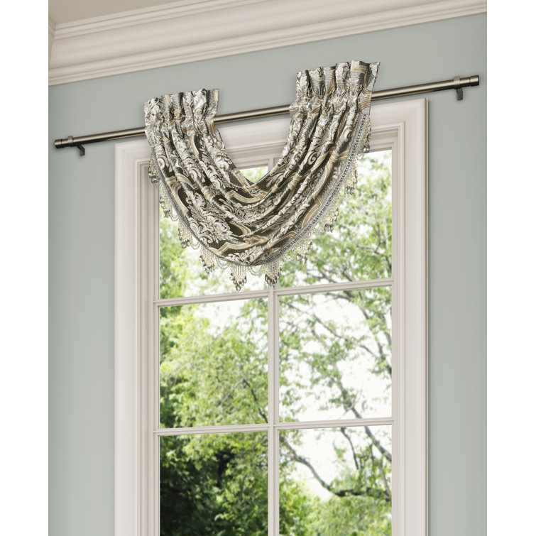 Sage and Neutral Jacquard Damask Waterfall Valance with Crystal Tassel Fringe